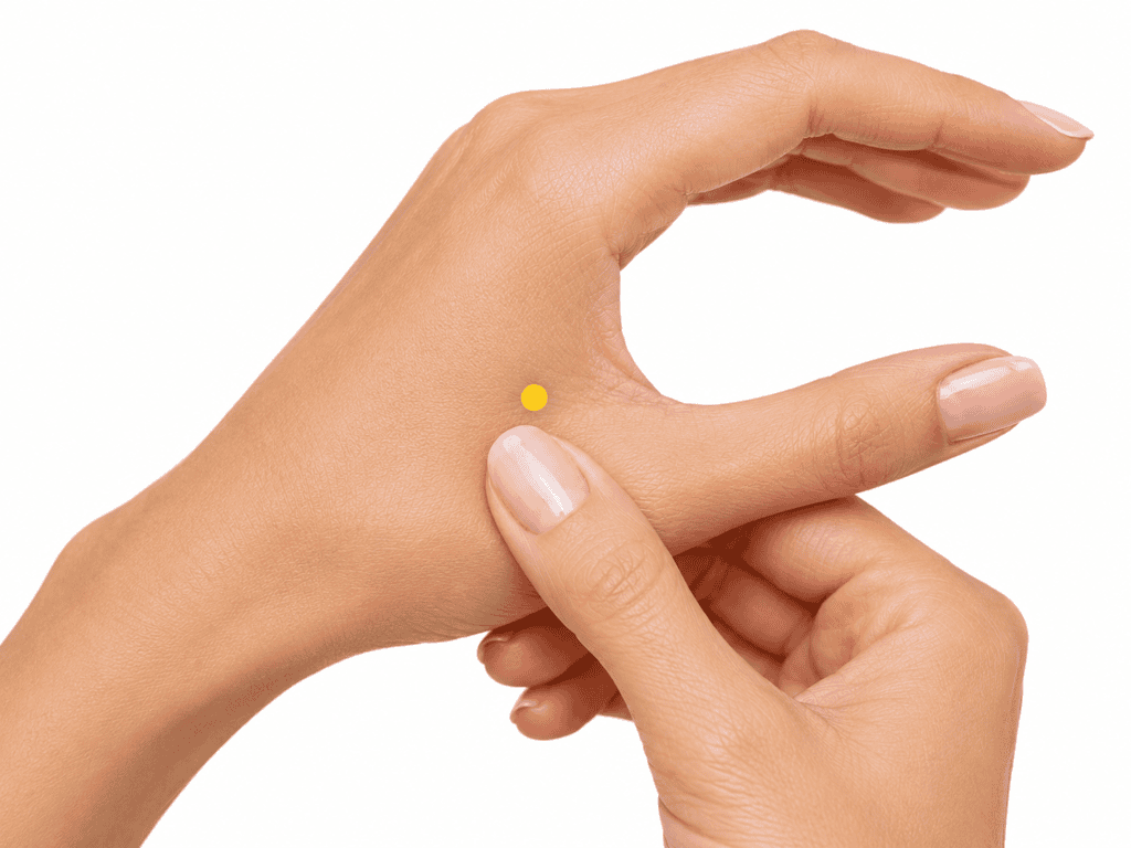 Close-up of a hand with a yellow dot marker in the soft tissue webbing between the thumb and index finger, indicating the location of LI4.