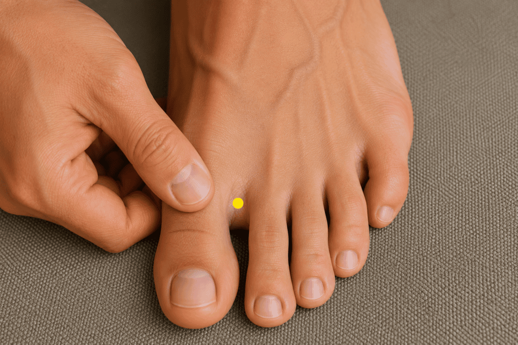 Close-up of the top of a foot with a yellow dot marker in the webbing between the first and second toes at the web margin about one finger-width forward of LR3, indicating the location of LR2.