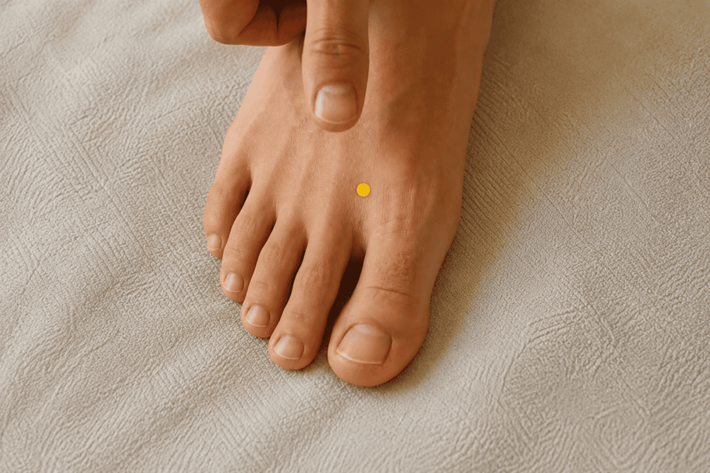 Close-up of the top of a foot with a yellow dot marker in the webbing between the first and second toes about two finger-widths back from the web, indicating the location of LR3.