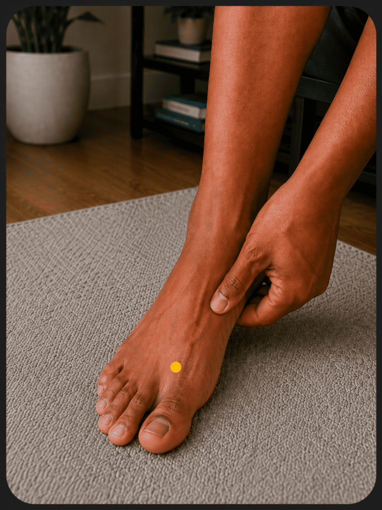 Close-up of the top of a foot with a yellow dot marker in the webbing between the first and second toes about two finger-widths back from the web, indicating the location of LR3.