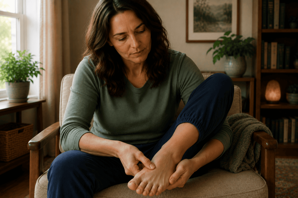 Woman sitting in a chair applying acupressure near the LR3 point between the first and second toes on the top of her foot.