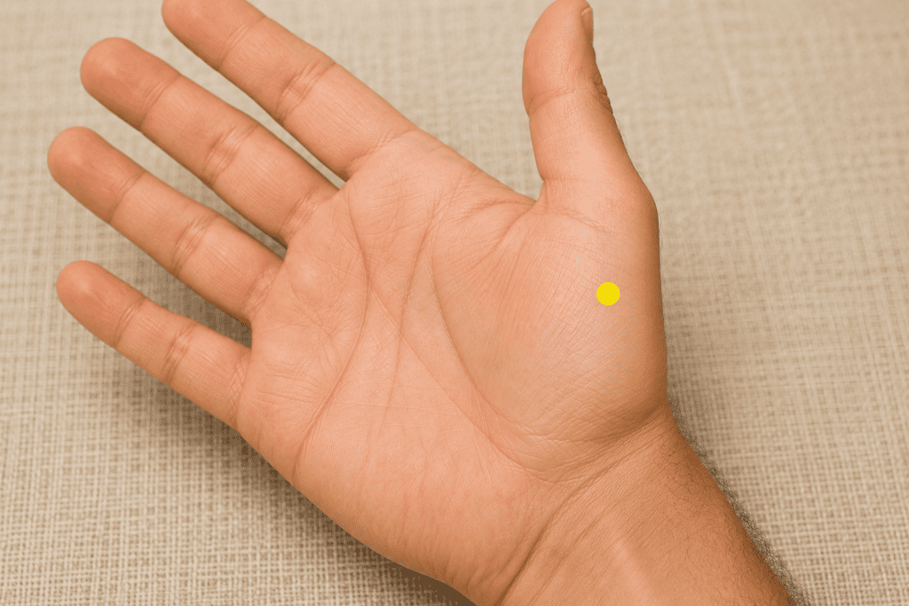 Close-up of a palm with a yellow dot marker on the fleshy mound at the base of the thumb, indicating LU10.