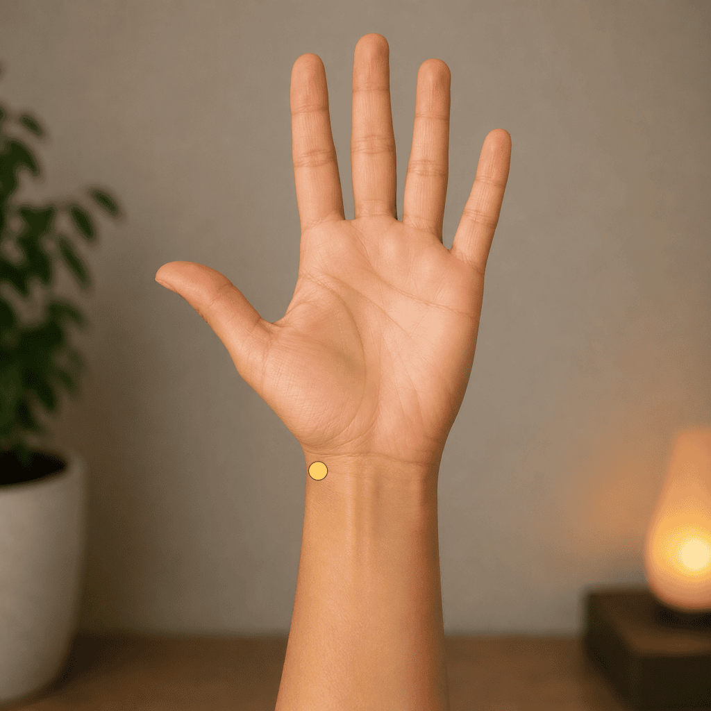 Close-up of a wrist with a yellow dot marker at the wrist crease on the thumb side in the depression where the pulse can be felt, indicating the location of LU9.