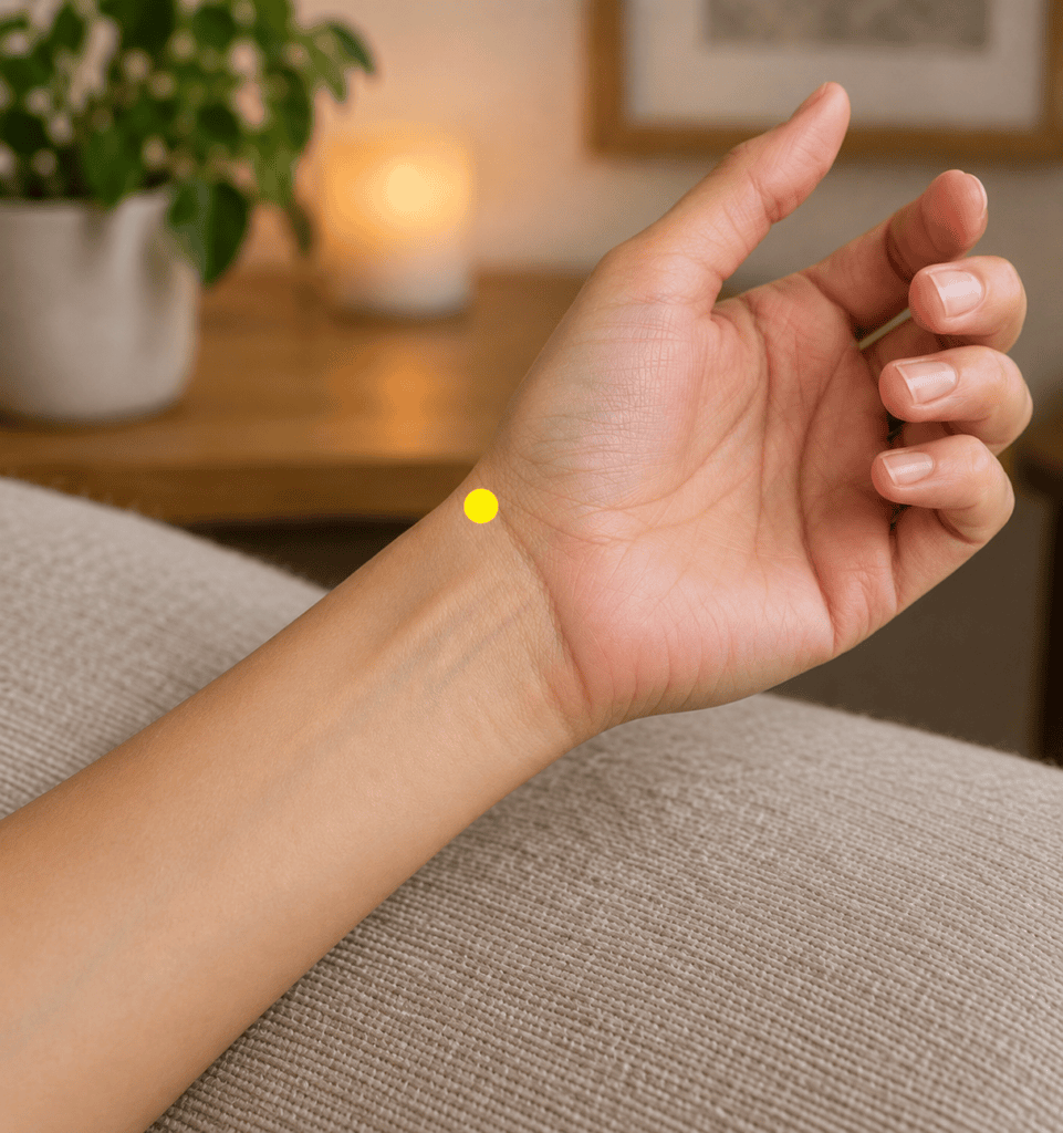 Close-up of a wrist with a yellow dot marker at the crease on the thumb side where the pulse is felt, indicating LU9.