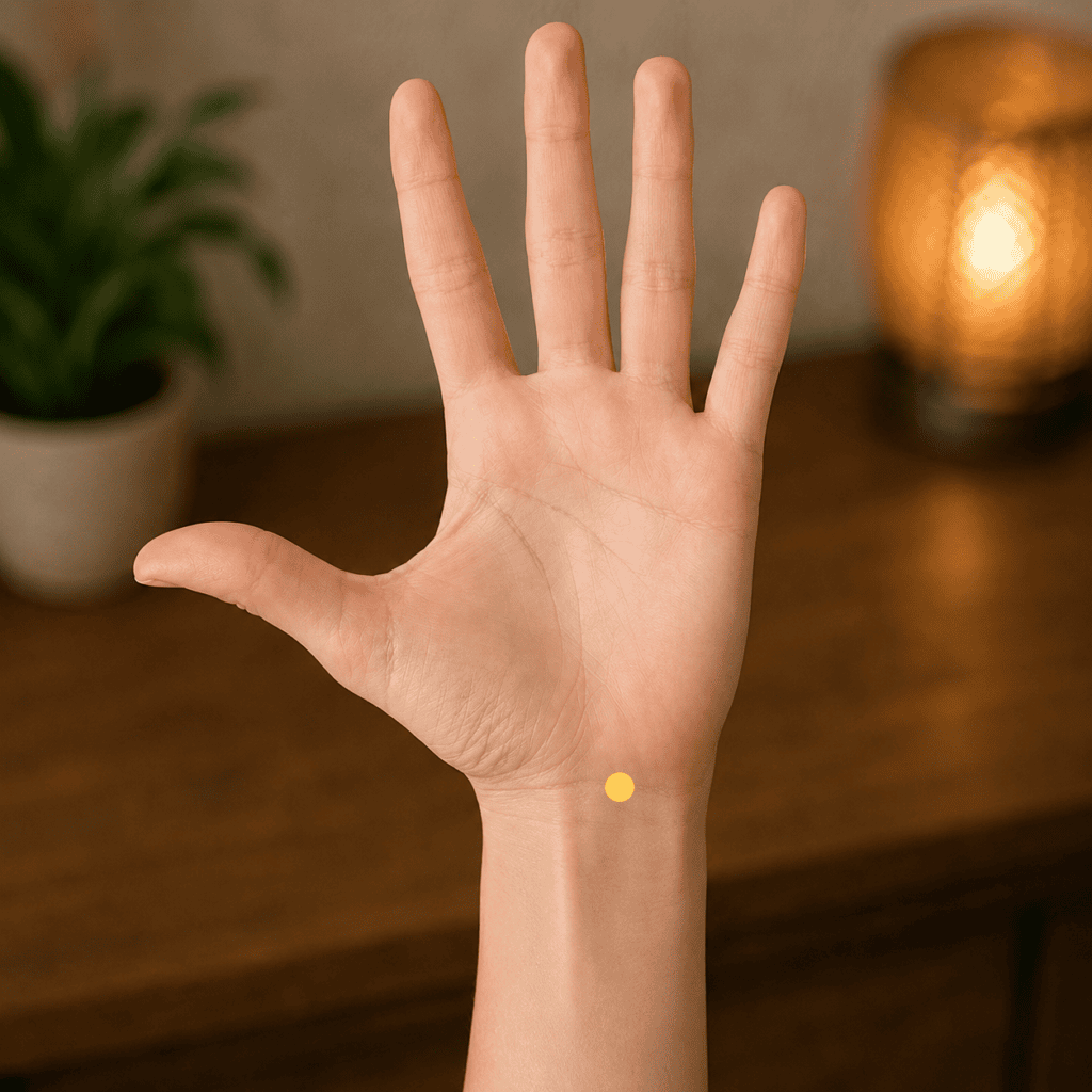 Close-up of a wrist with a yellow dot marker at the center of the wrist crease on the palm side between the two tendons, indicating the location of PC7.