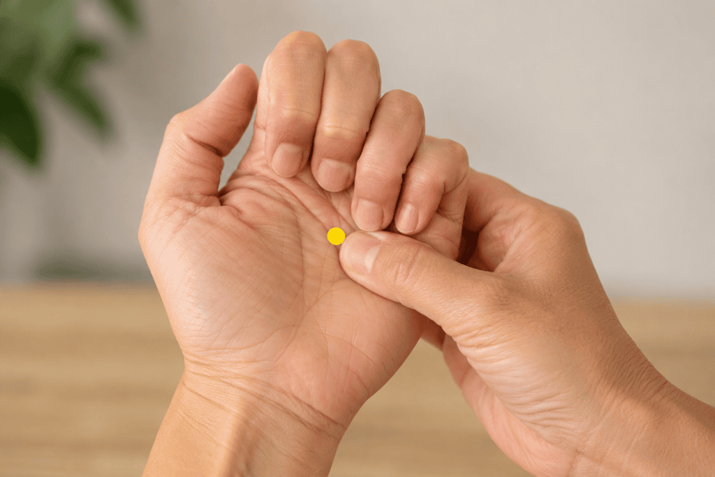 Close-up of an open palm with a yellow dot marker at the center where the middle fingertip touches when the hand curls, indicating PC8.