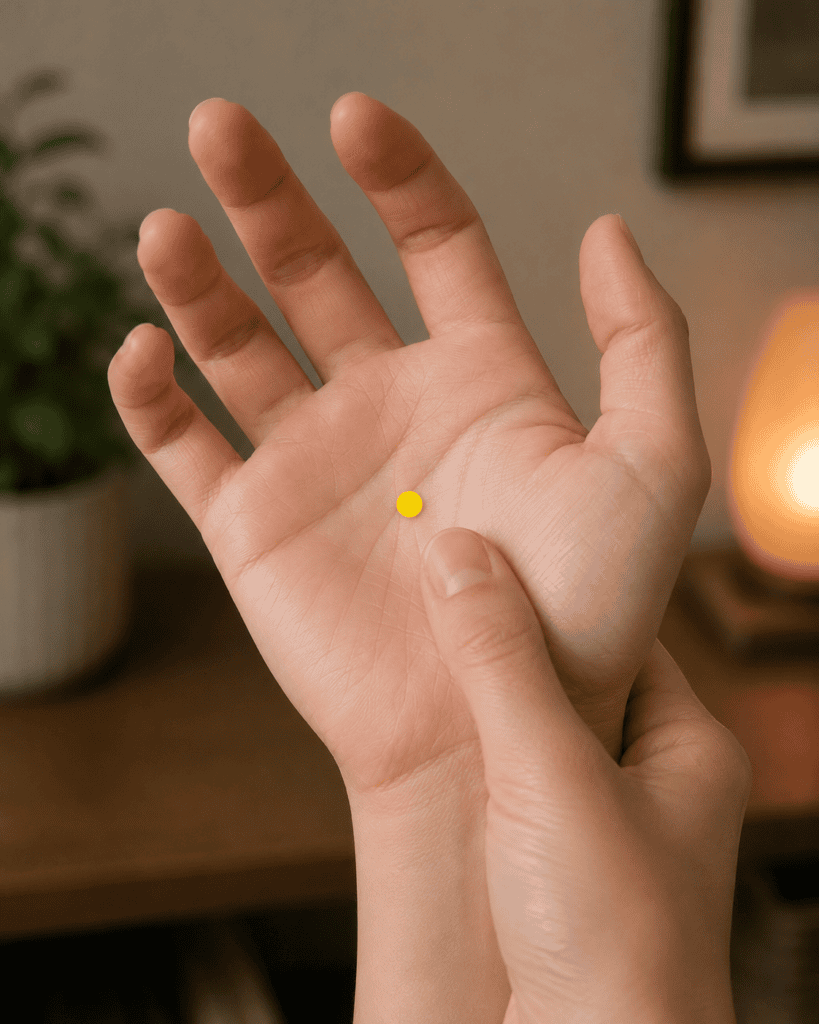 Close-up of a palm with a yellow dot marker in the center where the middle finger touches when making a fist, indicating PC8.