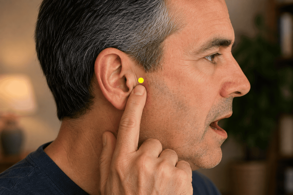 Close-up of the area in front of the ear with a yellow dot marker in the depression that forms when the mouth opens, indicating SI19.