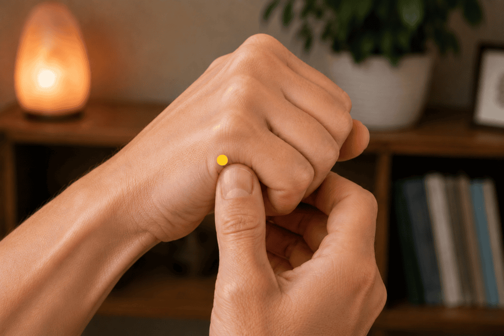 Close-up of the side of a hand with a yellow dot marker below the little-finger knuckle at the end of the palm crease, indicating SI3.
