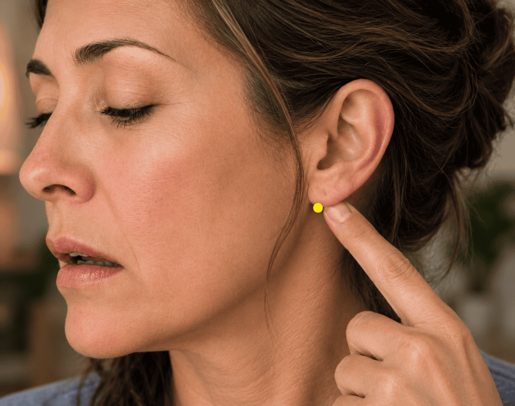 Close-up behind the earlobe with a yellow dot marker in the hollow between the jaw and mastoid bone, indicating SJ17.