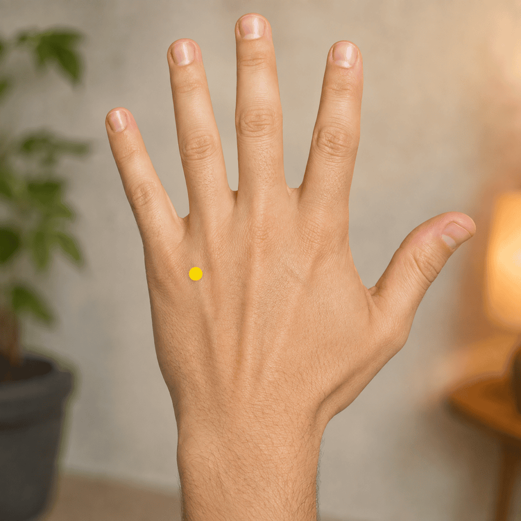 Close-up of the back of a hand with a yellow dot marker in the groove between the little-finger and ring-finger bones, indicating SJ3.