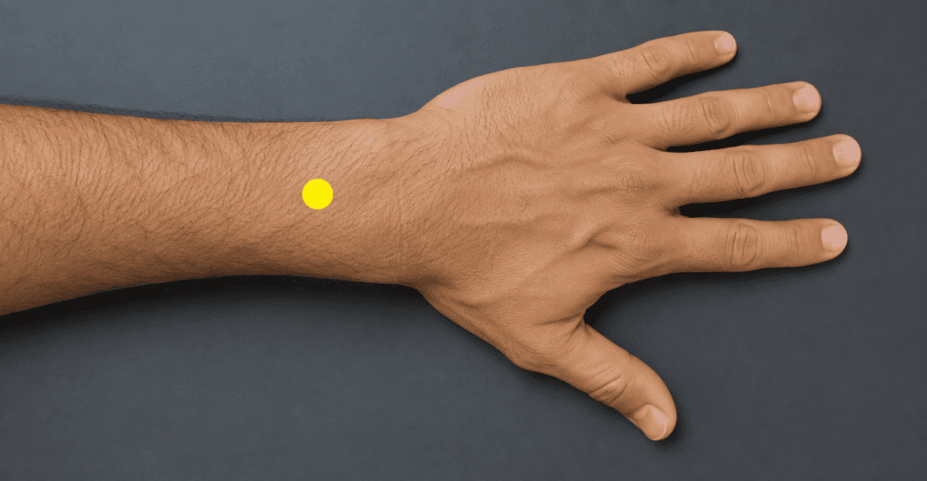 Close-up of an outer forearm with a yellow dot marker about three finger-widths above the wrist crease between the two forearm bones, indicating the location of SJ5.