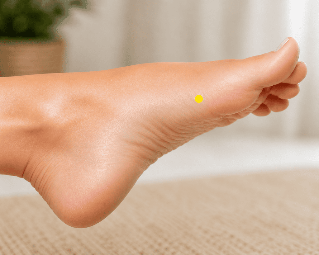 Close-up of the inner edge of a foot with a yellow dot marker in the hollow behind the ball of the big toe, indicating SP3.