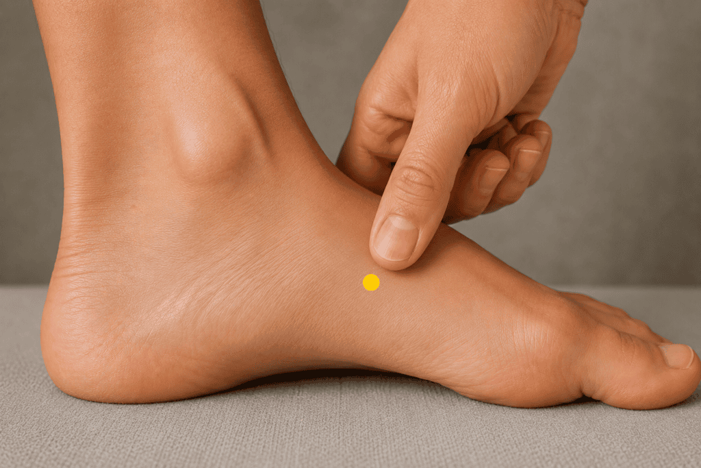 Close-up of the inner arch of a foot with a yellow dot marker in the depression below and forward of the base of the big toe, indicating SP4.