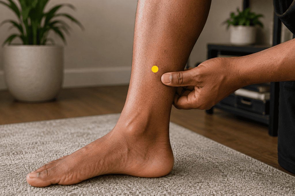 Close-up of an inner leg with a yellow dot marker about four finger-widths above the inner ankle bone just behind the shinbone, indicating the location of SP6.