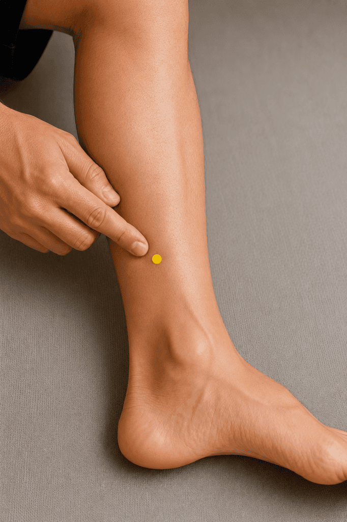 Close-up of an inner leg with a yellow dot marker about four finger-widths above the inner ankle bone just behind the shinbone, indicating the location of SP6