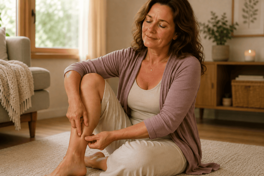 Woman practicing acupressure on SP6 on her inner lower leg at home to help relieve hot flashes during menopause.
