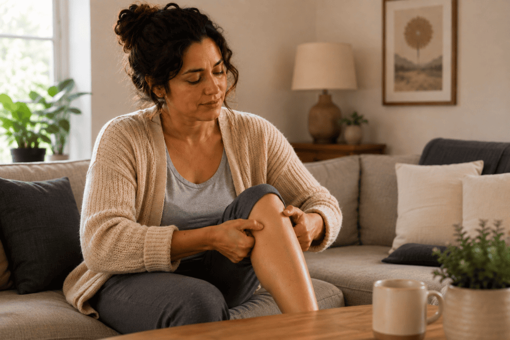Woman seated on a couch pressing SP9 on the inner lower leg just below the knee.