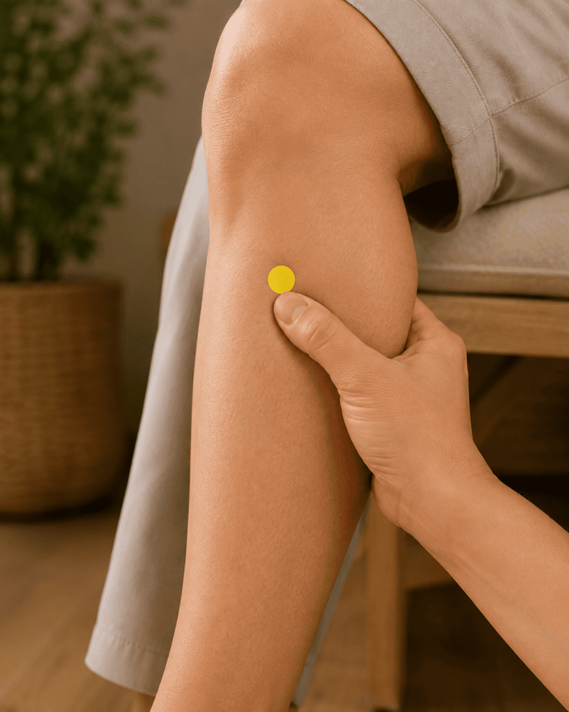 Close-up of a lower leg with a yellow dot marker four finger-widths below the kneecap and one finger-width outside the shinbone, indicating ST36.