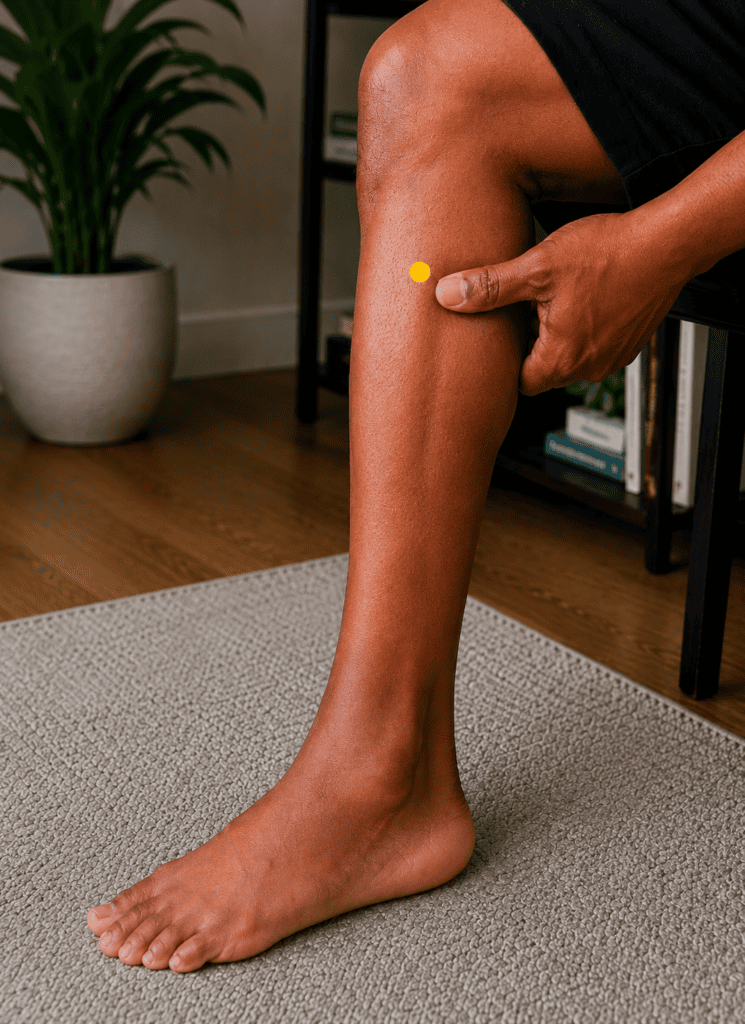 Close-up of a lower leg with a yellow dot marker about four finger-widths below the kneecap one finger-width to the outside of the shinbone, indicating the location of ST36.