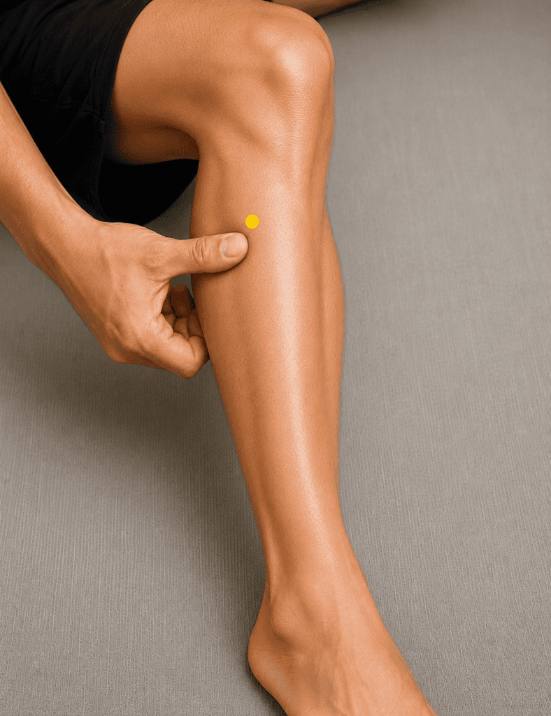 Close-up of a lower leg with a yellow dot marker about four finger-widths below the kneecap one finger-width to the outside of the shinbone, indicating the location of ST36.