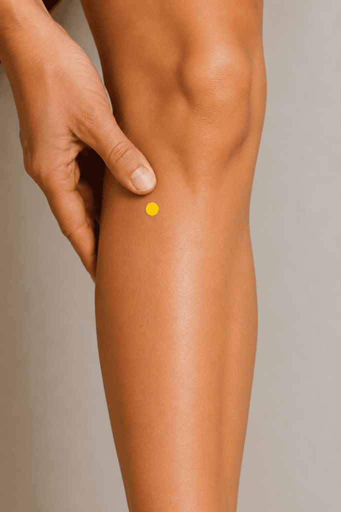 Close-up of a lower leg with a yellow dot marker about four finger-widths below the kneecap one finger-width to the outside of the shinbone, indicating the location of ST36.