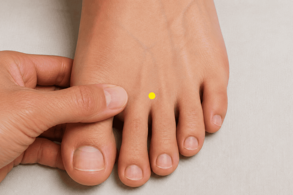 Close-up of the top of a foot with a yellow dot marker in the webbing between the second and third toes in the depression just proximal to the web margin, indicating the location of ST44.