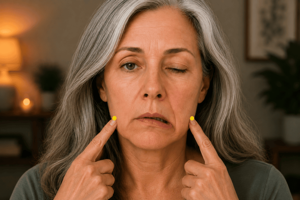 Close-up of a face with a yellow dot marker on the cheek at the front of the masseter muscle about one finger-width in front of the angle of the jaw, indicating the location of ST6.