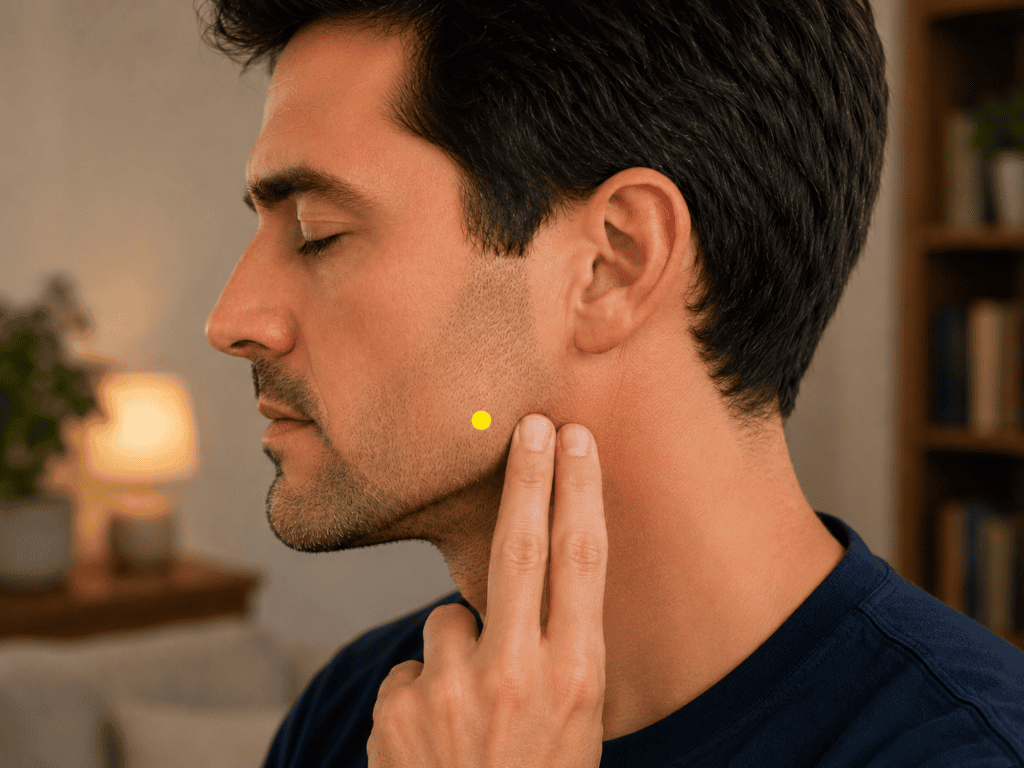 Close-up of a face with a yellow dot marker on the cheek at the front of the masseter muscle about one finger-width in front of the angle of the jaw, indicating the location of ST6.
