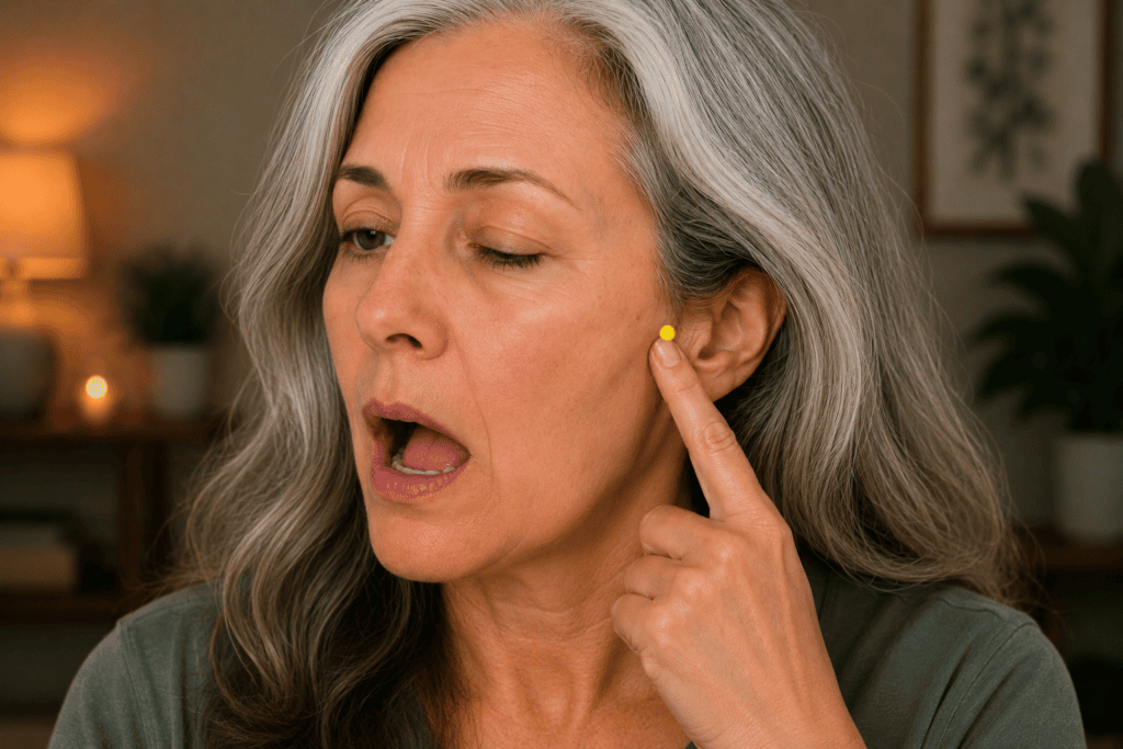 Close-up of a face with a yellow dot marker in the depression in front of the ear that appears when the mouth opens, indicating the location of ST7.