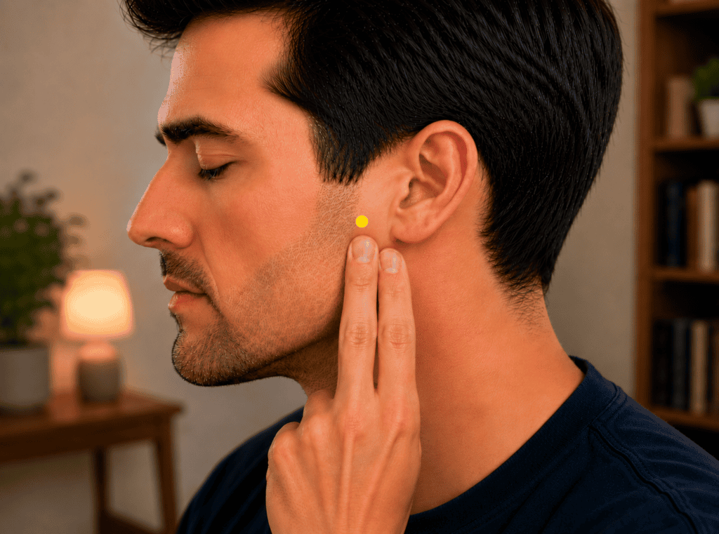 Close-up of a face with a yellow dot marker in the depression in front of the ear that appears when the mouth opens, indicating the location of ST7.