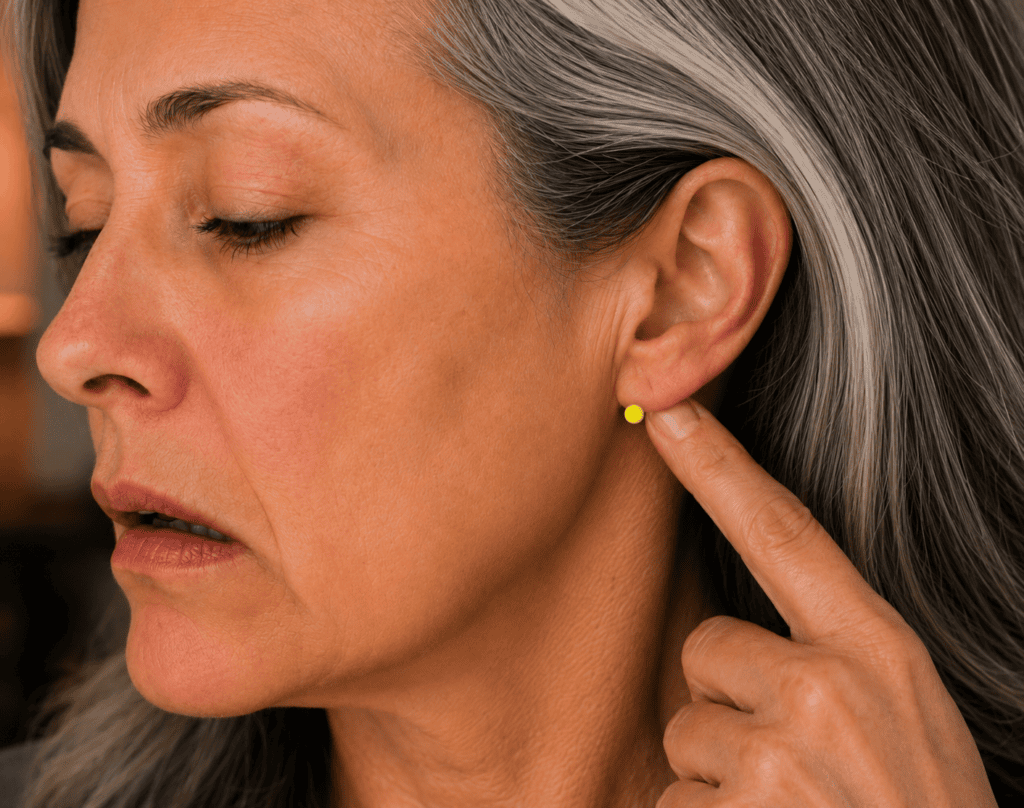 Close-up of the area behind an ear with a yellow dot marker in the depression behind the earlobe between the ear and the mastoid bone, indicating the location of TB17.