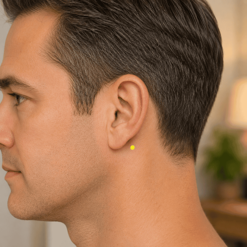 Close-up behind the ear with a yellow dot marker about a thumb-width behind SJ17, indicating Yiming.
