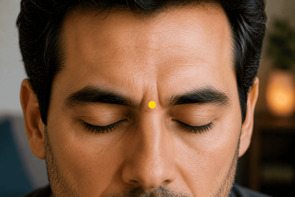 Close-up of a forehead with a yellow dot marker in the hollow between the eyebrows, indicating Yintang.