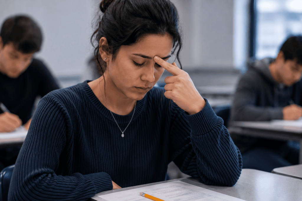 Student pressing Yintang between the eyebrows with her eyes closed to help calm test anxiety during an exam.