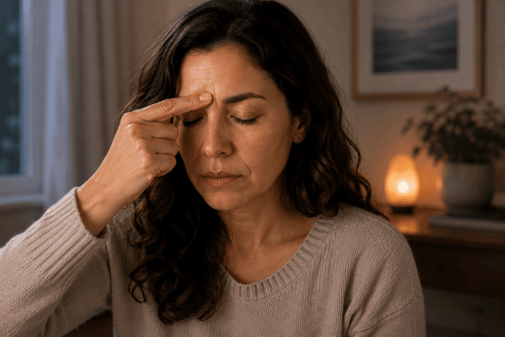 Woman pressing Yintang between the eyebrows with her eyes closed while taking a slow, calming breath.