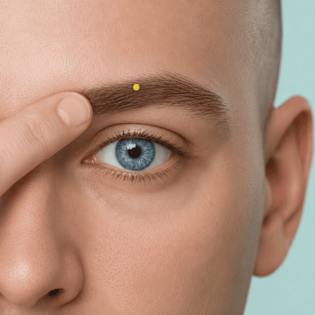 Close-up of a face with a yellow dot marker at the midpoint of the eyebrow above the pupil, indicating Yuyao.