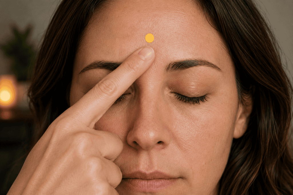 Close-up of a forehead with a yellow dot marker on the midline at the front hairline above the nose,