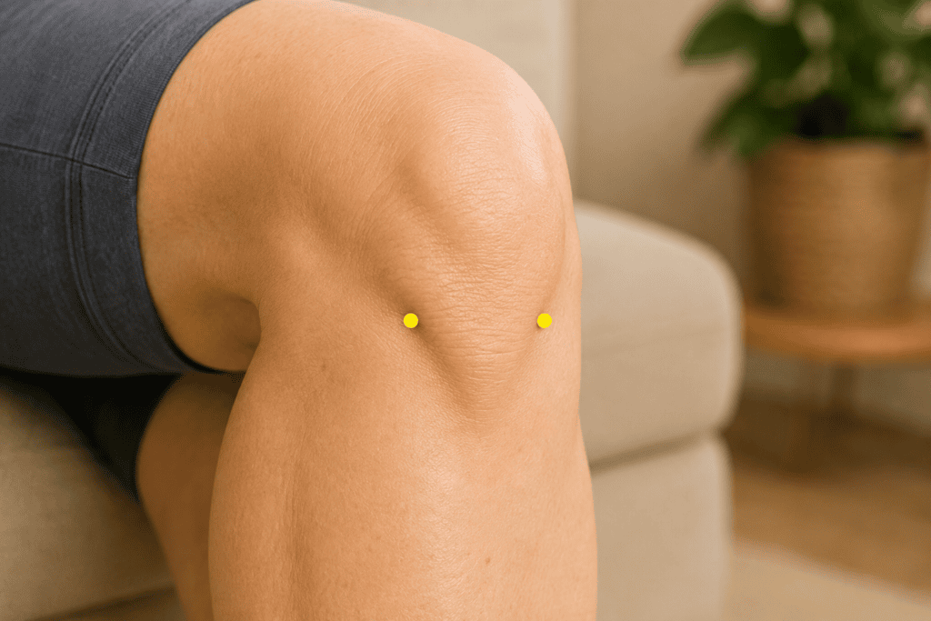 Close-up of a bent knee with yellow dot markers in the two hollows below the kneecap, indicating the Xiyan knee eye points.