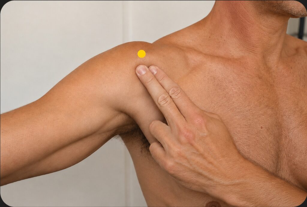 Close-up of a shoulder with a yellow dot marker in the depression at the front of the shoulder that appears when the arm is raised to shoulder level, indicating the location of LI15.
