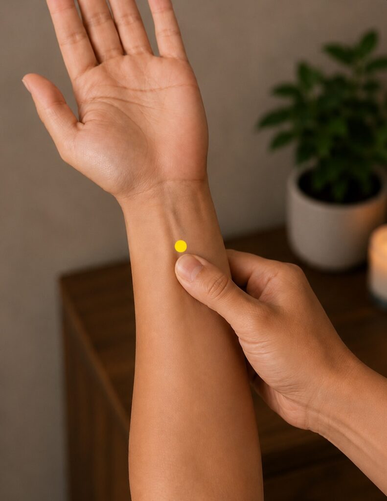 Close-up of an inner forearm with a yellow dot marker about three finger-widths above the wrist crease between the two tendons, indicating the location of PC6.