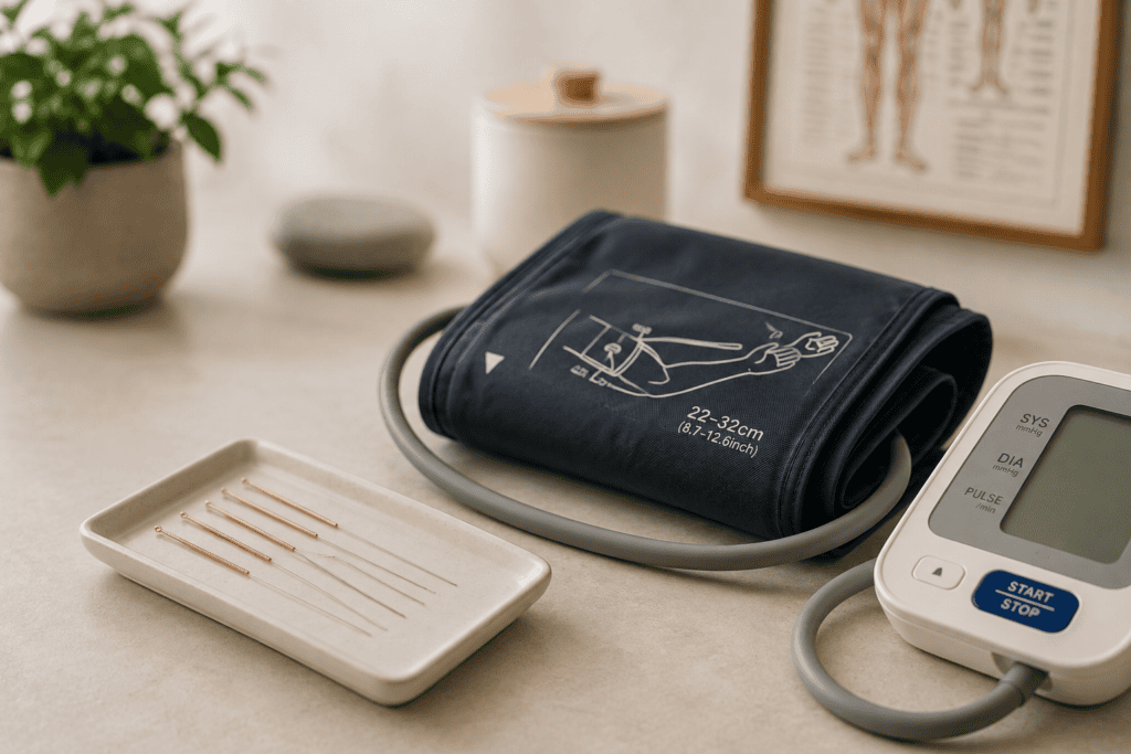 Acupuncture needles and a blood pressure cuff resting together on a clean clinical surface.