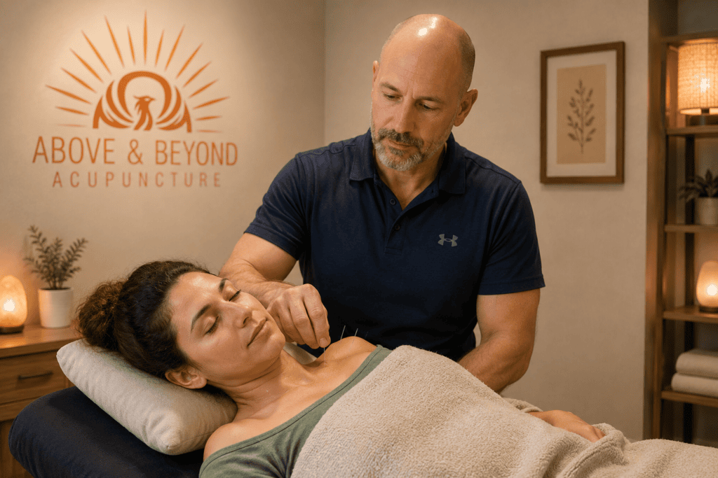 Woman relaxing during an acupuncture treatment with a licensed acupuncturist at Above and Beyond Acupuncture.