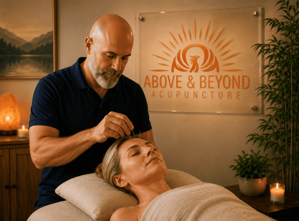 Licensed acupuncturist providing acupuncture to a relaxed patient for anxiety, stress, and depression at Above and Beyond Acupuncture in Scottsdale, AZ.