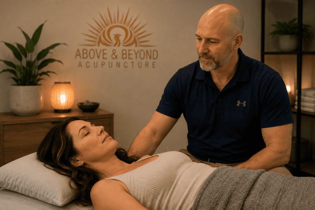 Woman relaxing during an acupuncture treatment as her acupuncturist checks on her.