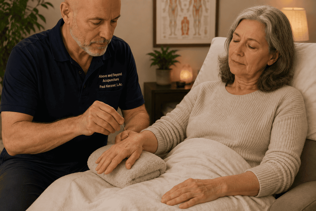 Licensed acupuncturist placing a fine acupuncture needle in an older woman’s hand to help manage arthritis pain and stiffness.