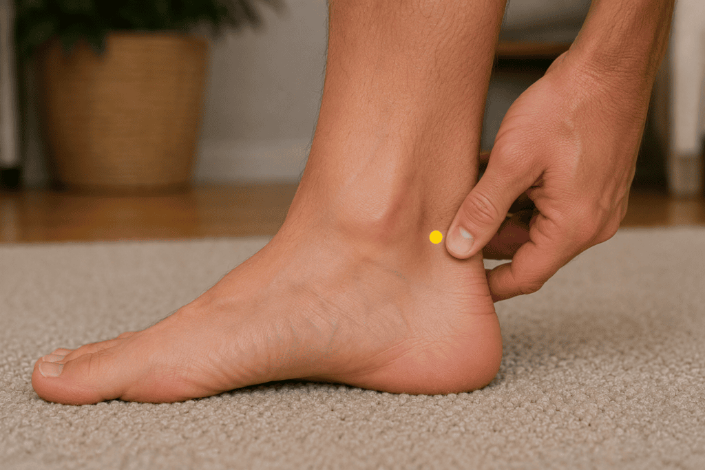 Close-up of an inner ankle with a yellow dot marker in the hollow between the inner ankle bone and the Achilles tendon, indicating KI3.