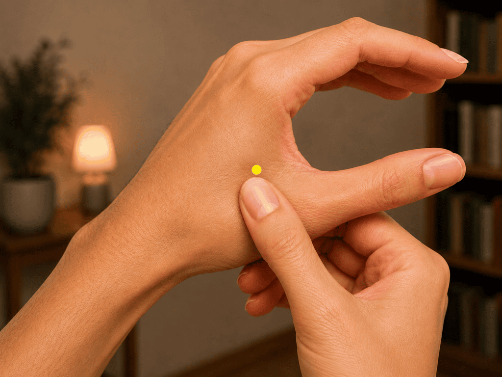 Close-up of a hand with a yellow dot marker in the webbing between the thumb and index finger, indicating LI4