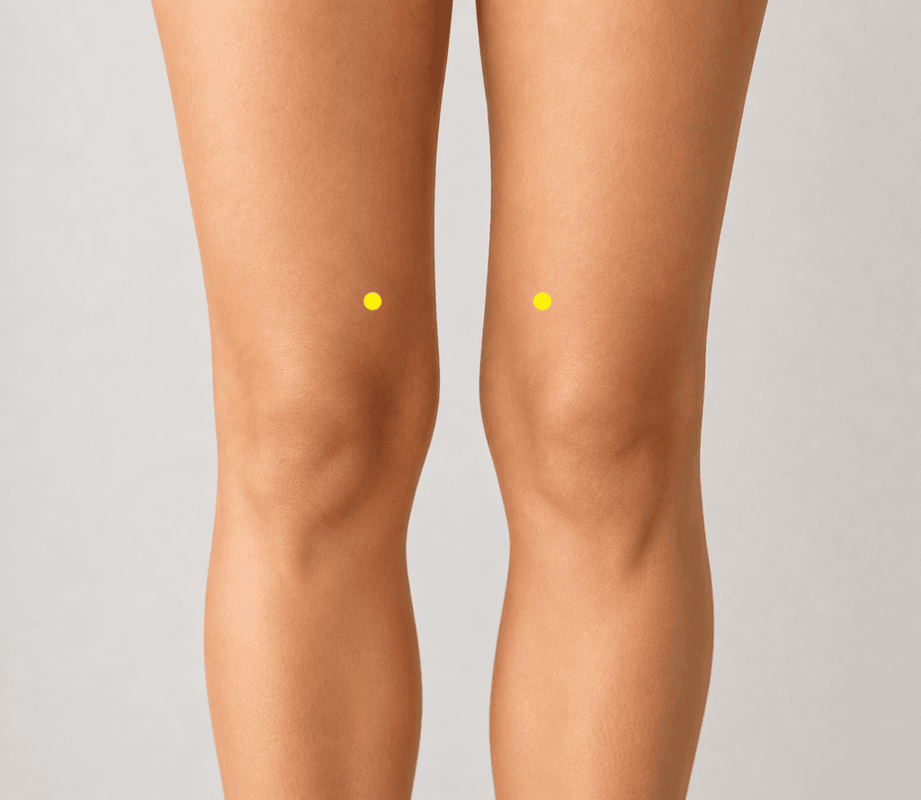 Close-up of an inner thigh just above the knee with a yellow dot marker, indicating SP10.