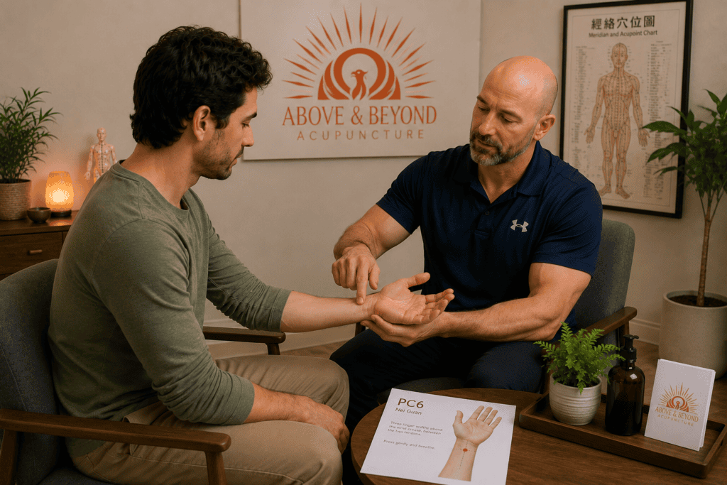 Licensed acupuncturist showing a seated patient how to apply pressure to PC6 on the inner forearm during an acupuncture clinic visit.